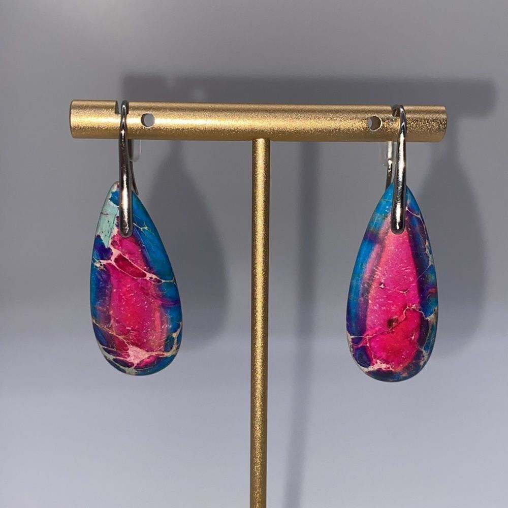 ✨🆕✨💘Exquisite BoHo Emperor Stone Blue & Pink S925 Plated Gems Dangle Earrings✨ - Picture 7 of 12